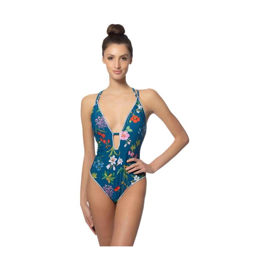 Blue Floral One Piece Swimsuit W/Stitching Detail - VacationGrabs