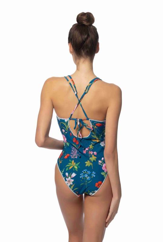 Blue Floral One Piece Swimsuit W/Stitching Detail - VacationGrabs