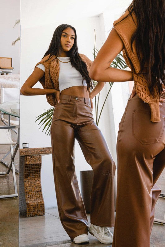 Women's PantsVegan Leather Wide Leg Pants - VacationGrabs