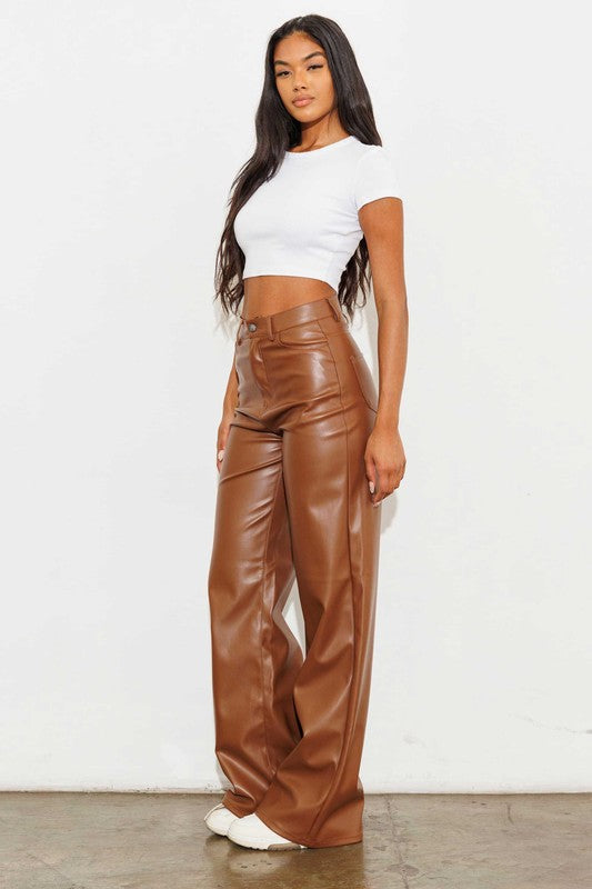 Women's PantsVegan Leather Wide Leg Pants - VacationGrabs