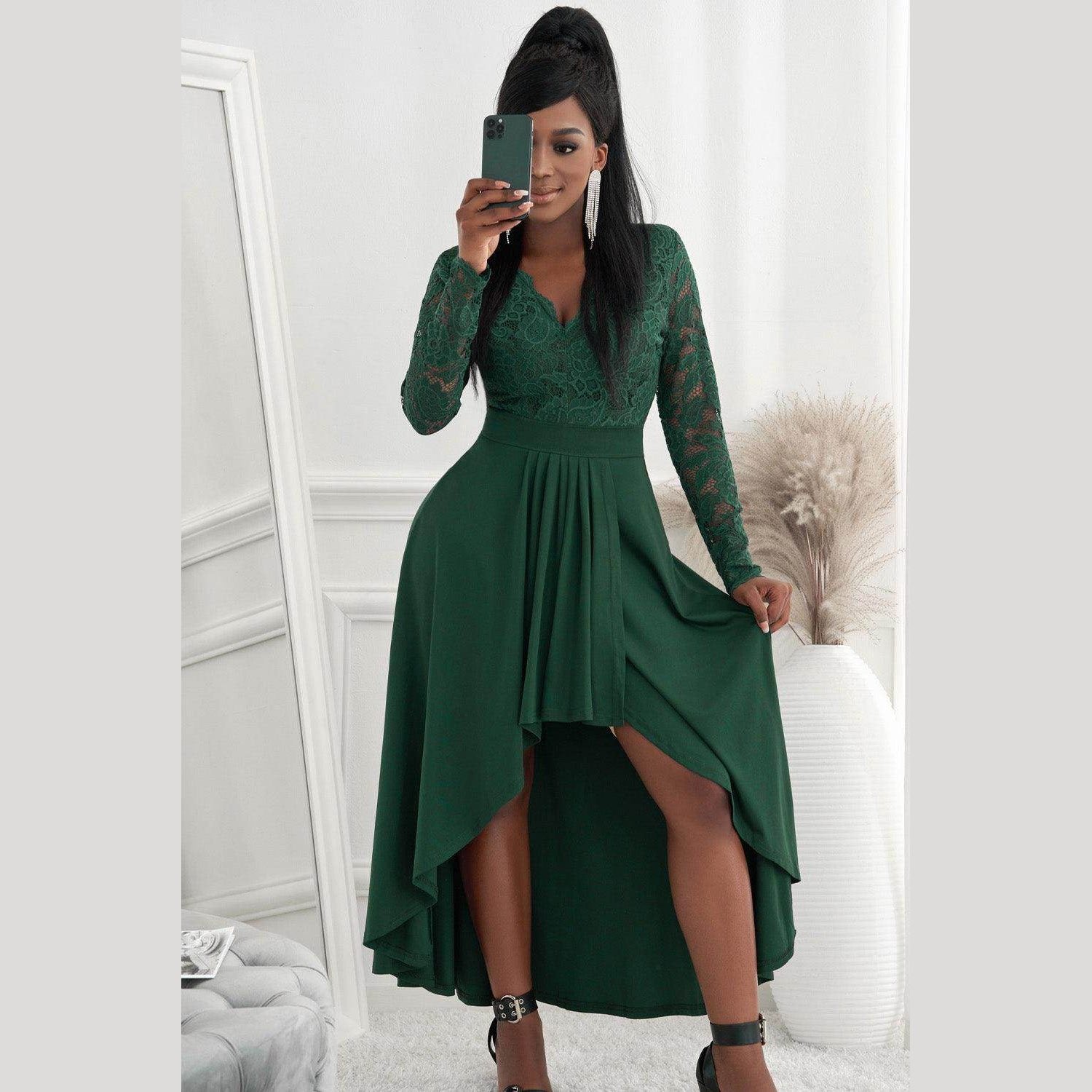 Lace High-Low V-Neck Dress - VacationGrabs