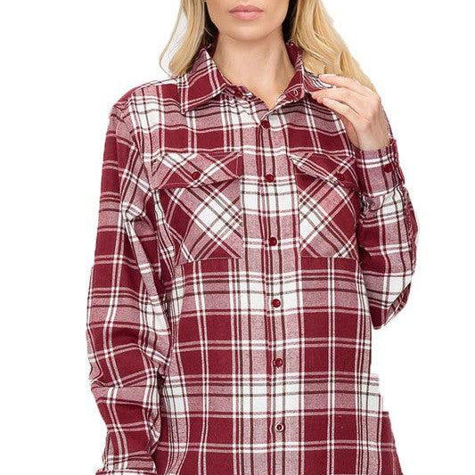 Women's Shirts Boyfriend Fit Checker Plaid Flannel Long Sleeve