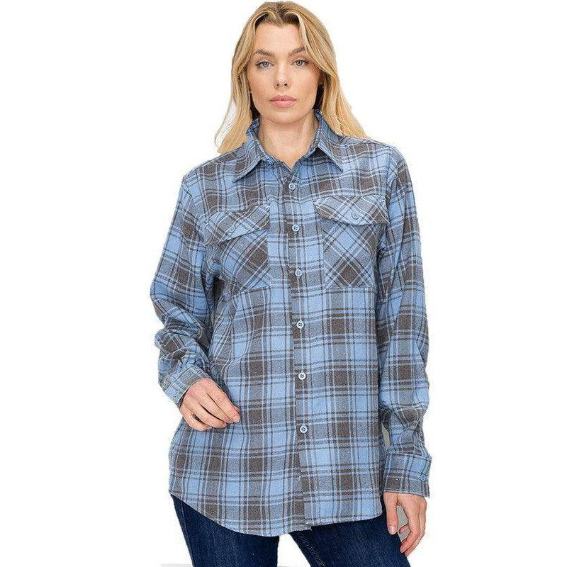Boyfriend Fit Checker Plaid Flannel Long Sleeve - VacationGrabs