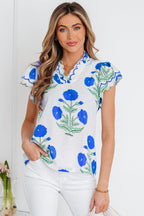 Flower Scallop Contrast Trim Short Sleeve Blouse