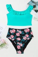 Solid Ruffle Top & Floral Bikini Set