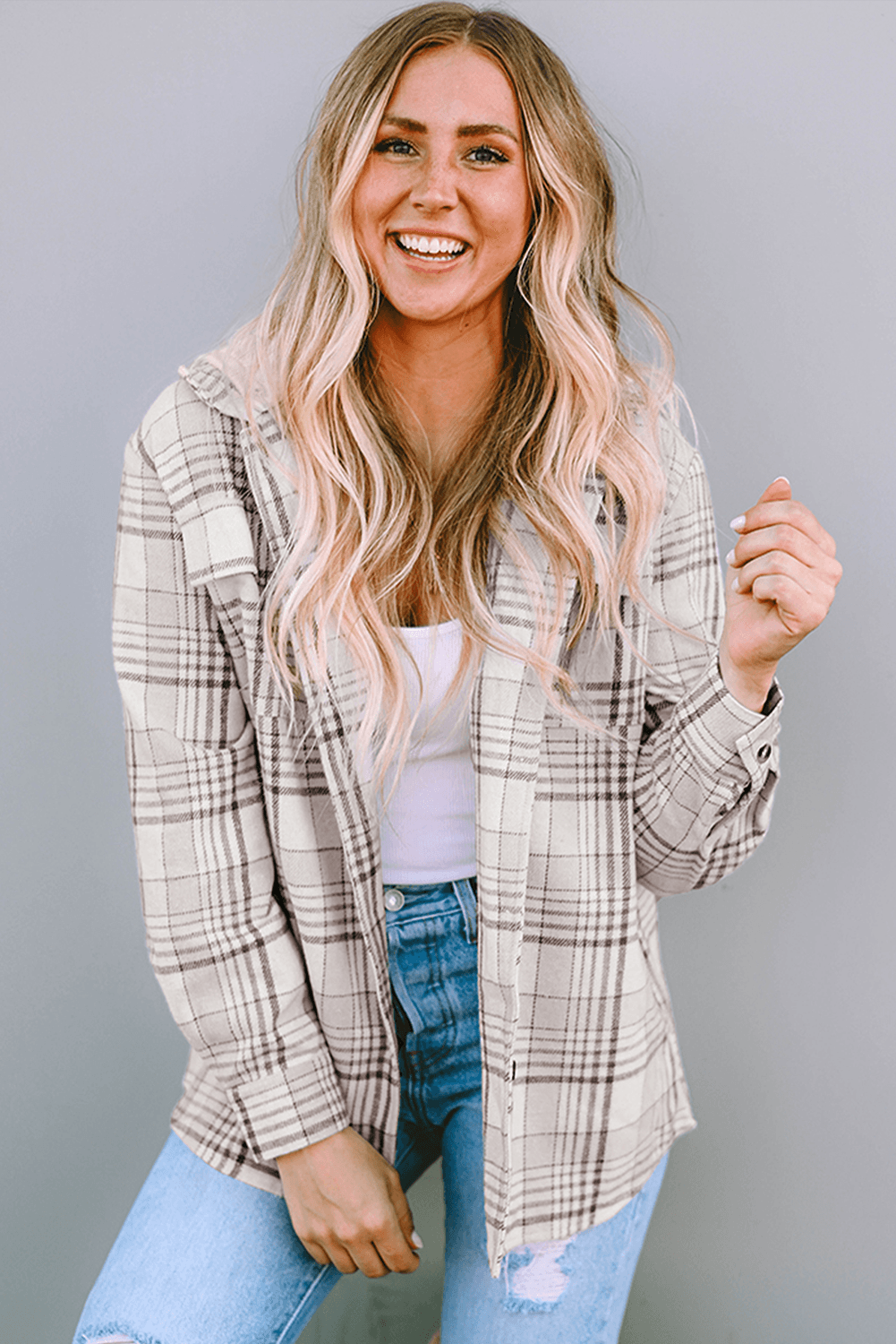 Khaki Plaid Removable Hood Buttoned Shacket - VacationGrabs