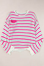 Rose Stripe Oversized Drop Shoulder Sweater with Pocket - VacationGrabs