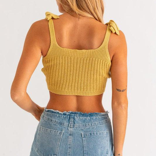 Women's Shirts - Cropped Tops Shoulder Tie Knit Tank Top