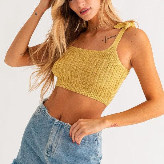 Women's Shirts - Cropped Tops Shoulder Tie Knit Tank Top