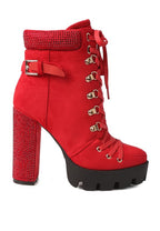 Rag Company lace up diamante ankle boots for women in red with high block heels and studded details