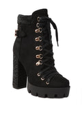 Stylish lace up diamante ankle boots for women featuring a chunky heel and suede finish