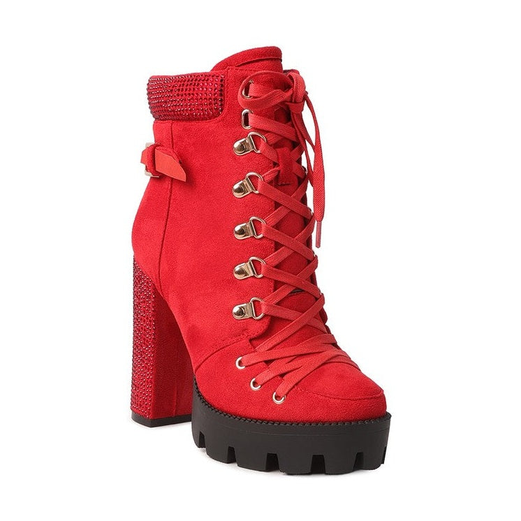 Bold red lace up diamante ankle boots for women with chunky heel and glitter accents