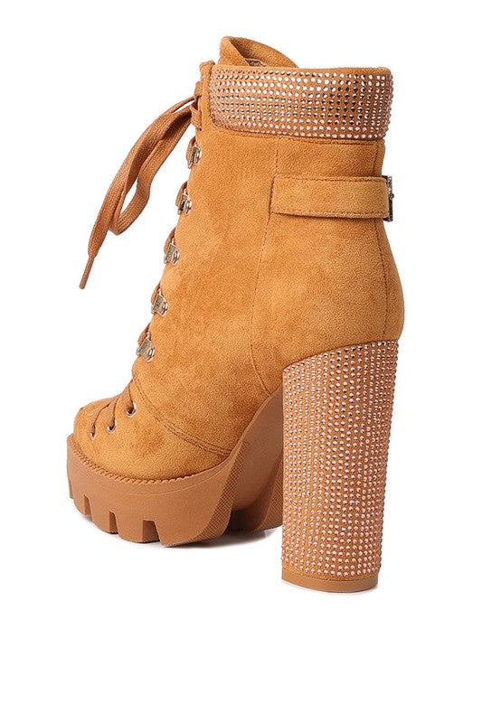 Lace up diamante ankle boots for women in tan suede with a chunky heel and decorative studded detailing