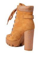 Lace up diamante ankle boots for women in tan suede with a chunky heel and decorative studded detailing