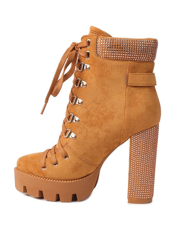 Lace up diamante ankle boots for women by Rag Company in tan with high block heel and studded details