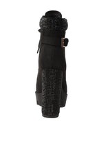 Black lace up diamante ankle boots for women with a stylish chunky heel and buckle detailing