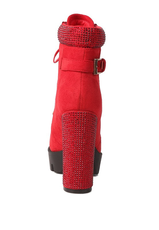Stylish red lace up diamante ankle boots for women with a chunky heel and embellished details