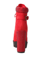 Stylish red lace up diamante ankle boots for women with a chunky heel and embellished details