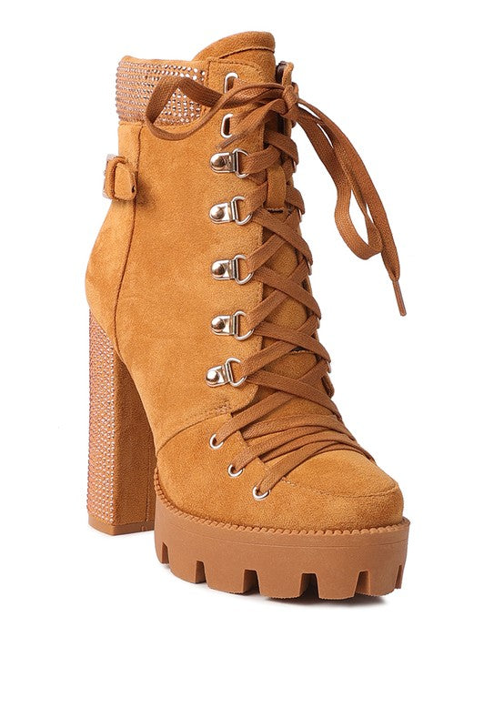 Lace up diamante ankle boots for women in tan suede with chunky heel and stylish lace-up design