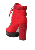Rag Company red lace up diamante ankle boots for women with a chunky heel and embellished collar