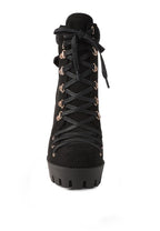 Lace up diamante ankle boots for women in black with a chunky sole and stylish design