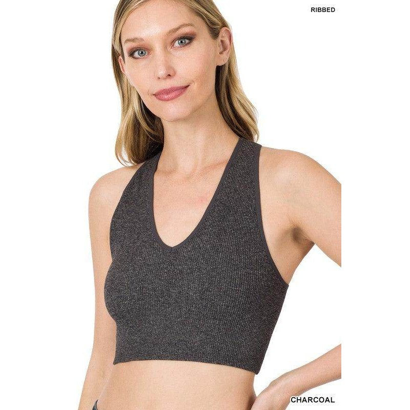 Ribbed Cropped Racerback Tank Top - VacationGrabs