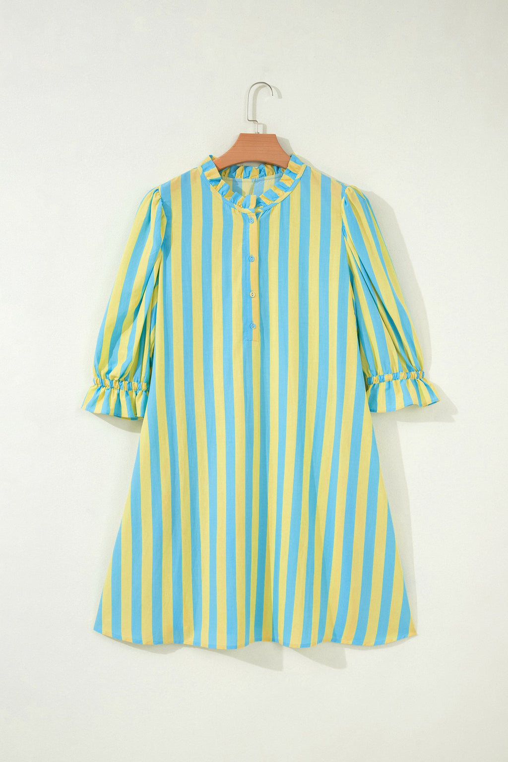 Stripe Half-Button Puff Sleeve Mini Dress