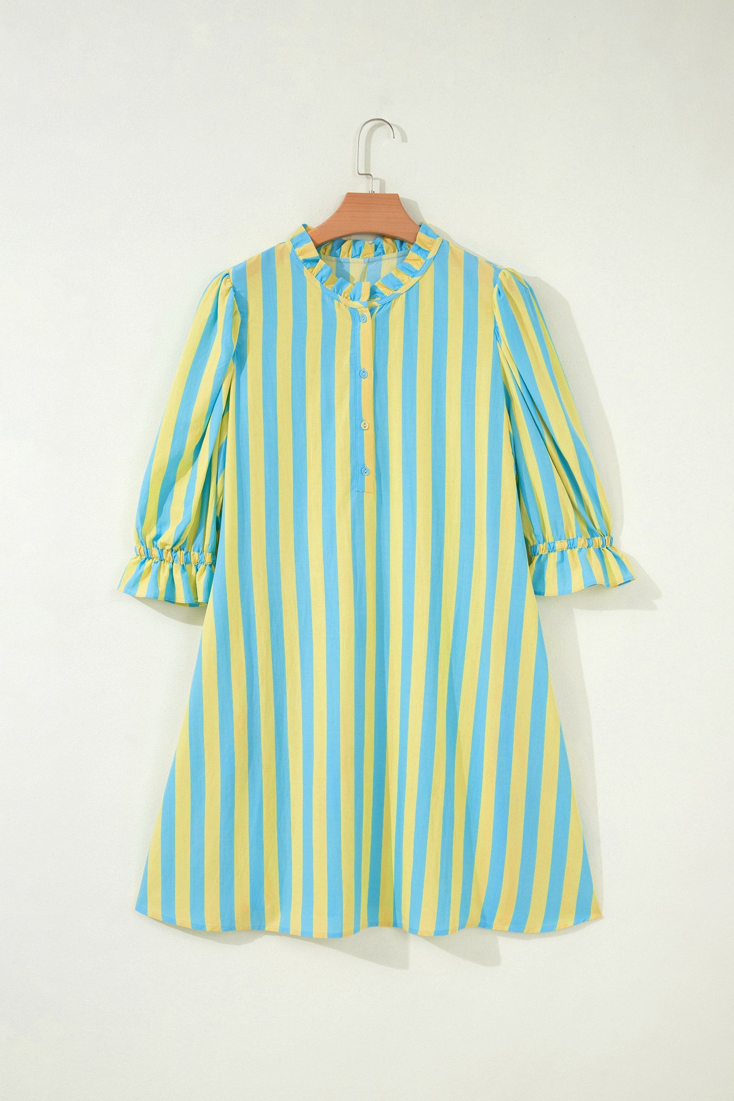 Stripe Half-Button Puff Sleeve Mini Dress