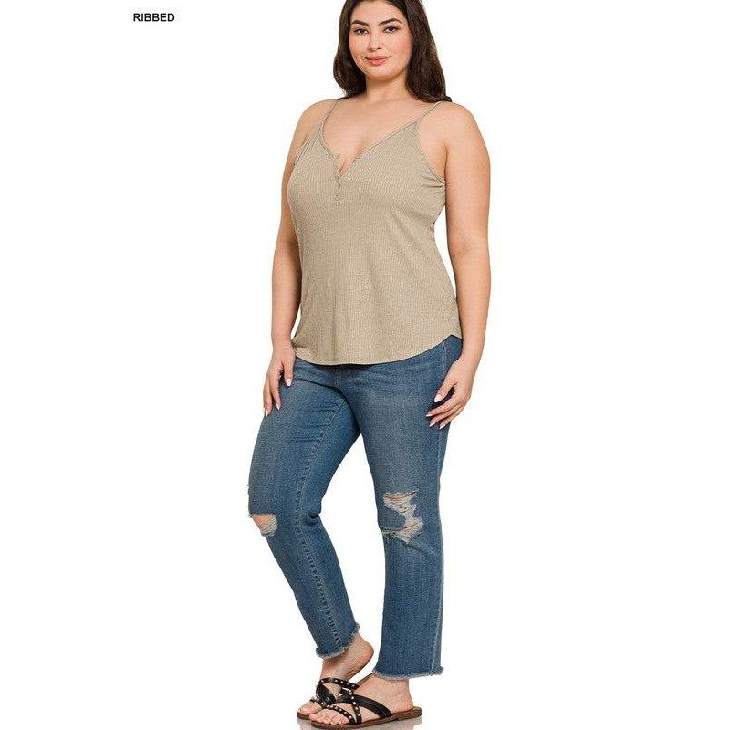 Plus Ribbed Half Snap Button Closure Cami Top - VacationGrabs