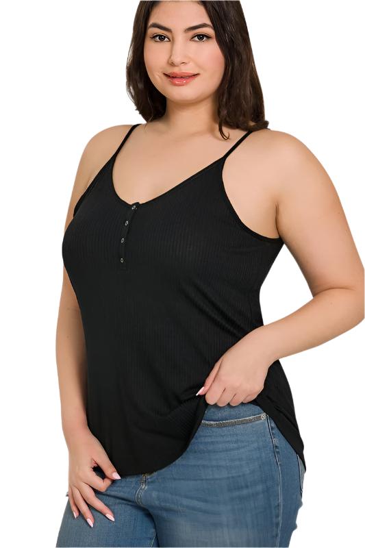 Women's Shirts - Tank TopsPlus Ribbed Half Snap Button Closure Cami Top - VacationGrabs