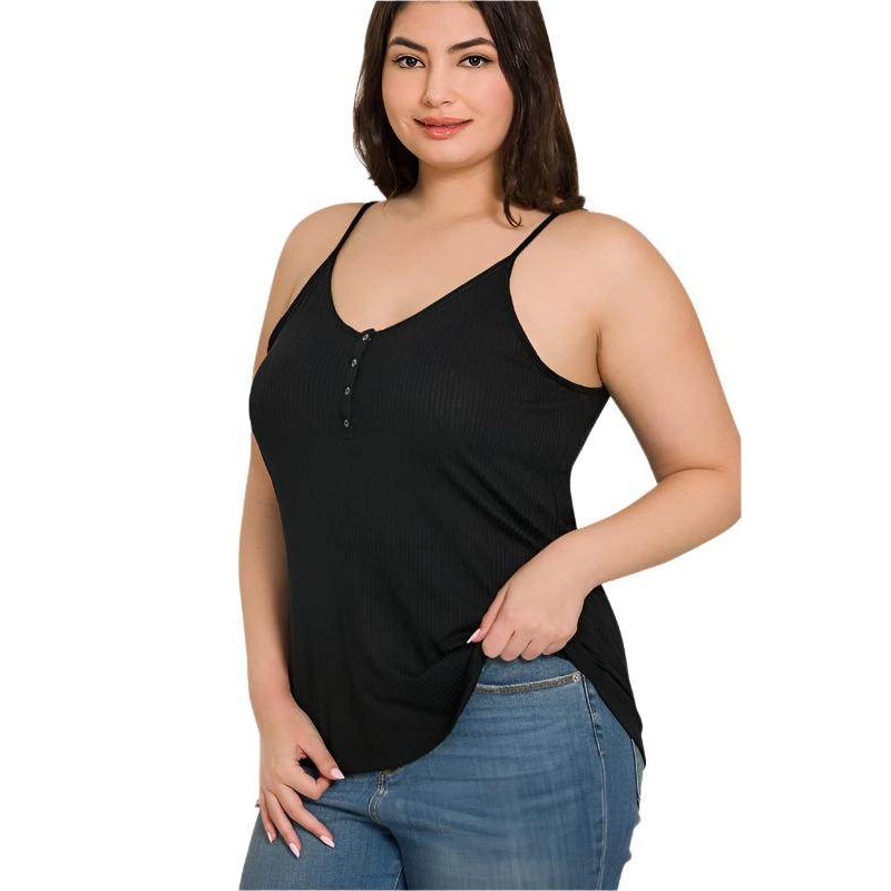 Plus Ribbed Half Snap Button Closure Cami Top - VacationGrabs