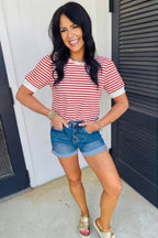 Stripe Contrast Trim Round Neck Puff Sleeve T-Shirt