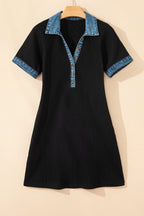 Denim Waffle Knit Contrast Trim Polo Dress