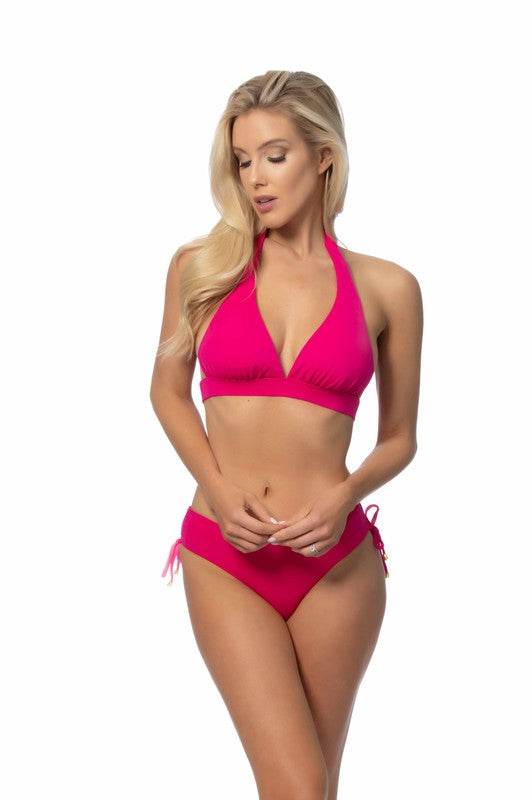 Solid Halter Biikini Set With Ruching Side Bottom - VacationGrabs