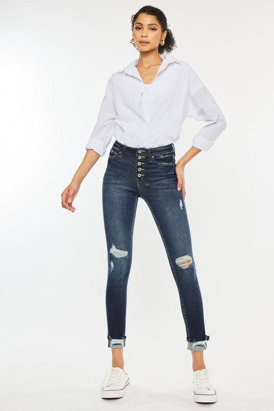 Women's Jeans High Rise Button Down Cuffed Ankle Skinny Jeans
