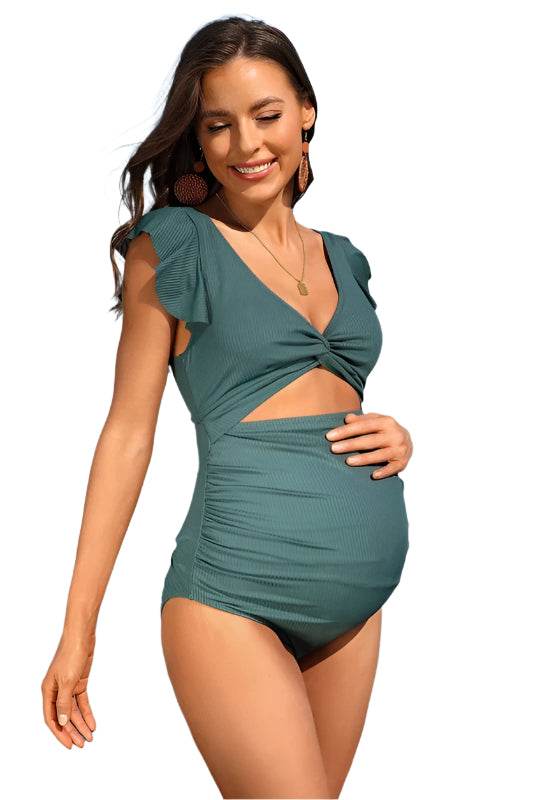 Ruffle Ribbed High Waisted Maternity Swimsuit - VacationGrabs