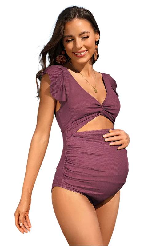 Ruffle Ribbed High Waisted Maternity Swimsuit - VacationGrabs
