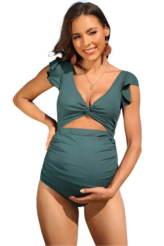 Ruffle Ribbed High Waisted Maternity Swimsuit - VacationGrabs
