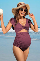 Ruffle Ribbed High Waisted Maternity Swimsuit - VacationGrabs