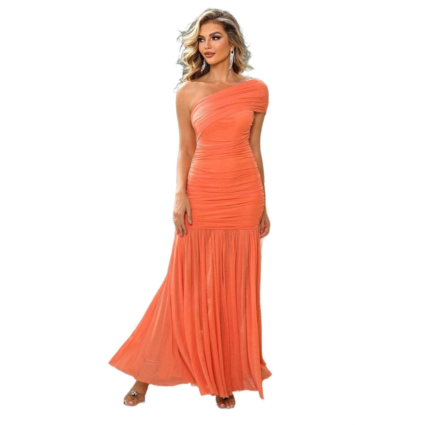 One-Shoulder Ruched Maxi Dresses - VacationGrabs