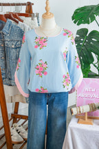 Floral Button Cuffed 3/4 Sleeve Round Neck Blouse