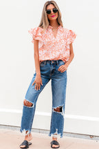 Floral Ruffle Sleeve Split Neck Blouse