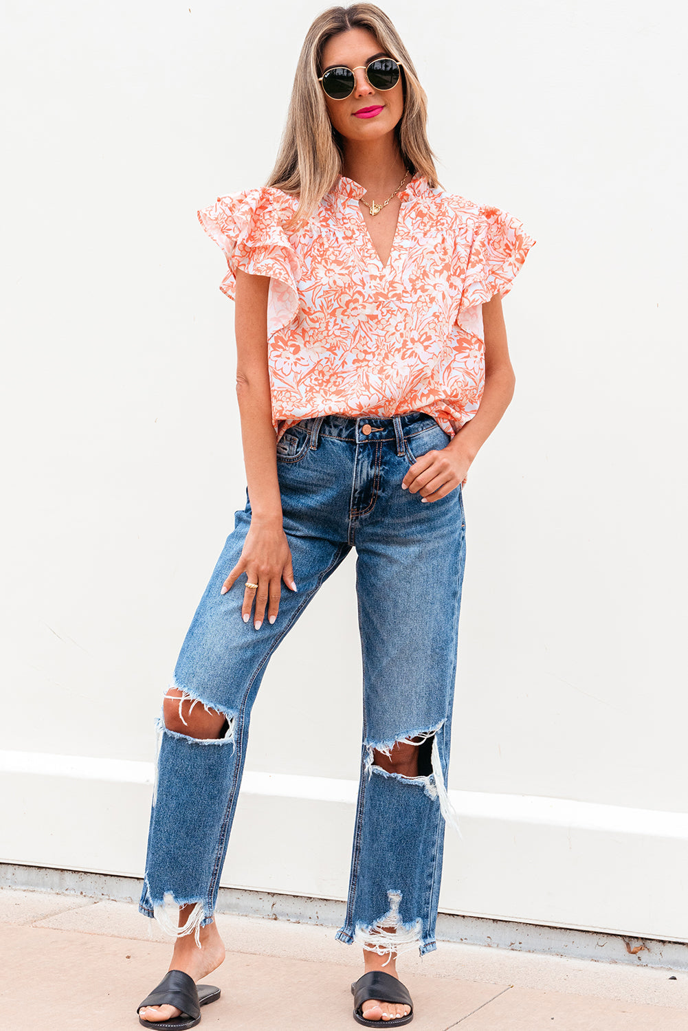 Floral Ruffle Sleeve Split Neck Blouse