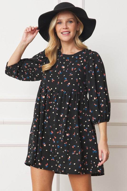 Abstract Polka Dot Bishop Sleeve Mini Dress - VacationGrabs