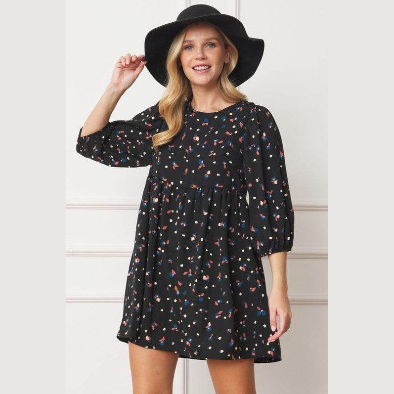 Abstract Polka Dot Bishop Sleeve Mini Dress - VacationGrabs