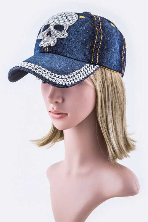 Women's Accessories - HatsCrystal Skull Embelished Fashion Denim Cap - VacationGrabs