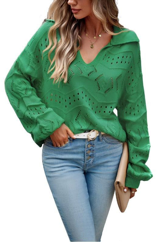 Women's Sweaters Knit long sleeve polo sweater