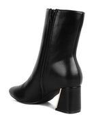 Black metallic accent ankle boots with a stylish block heel and side zipper closure