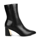 Stylish black metallic accent ankle boots with geometric heel for a chic look