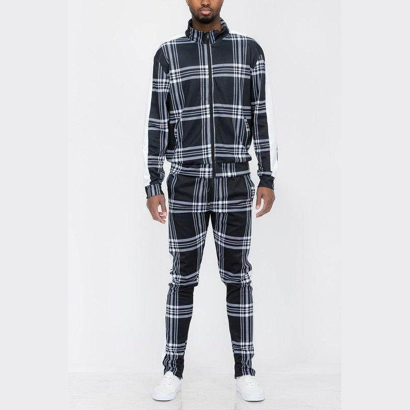 Plaid Checkered Full Zip Track Pants Set - VacationGrabs